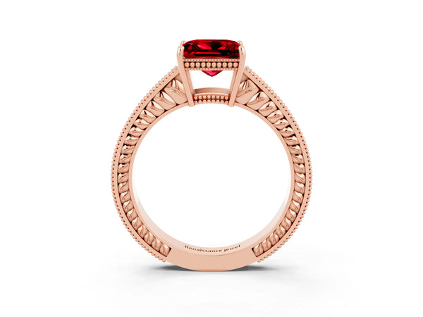 Rose gold Princess Cut Ruby Engagement Ring with Milgrain Channel Set Band and Prong Setting