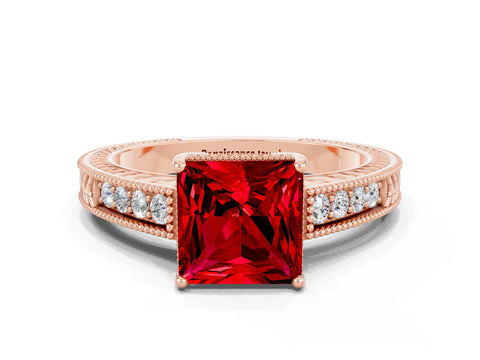 Rose gold Princess Cut Ruby Engagement Ring with Milgrain Channel Set Band and Prong Setting