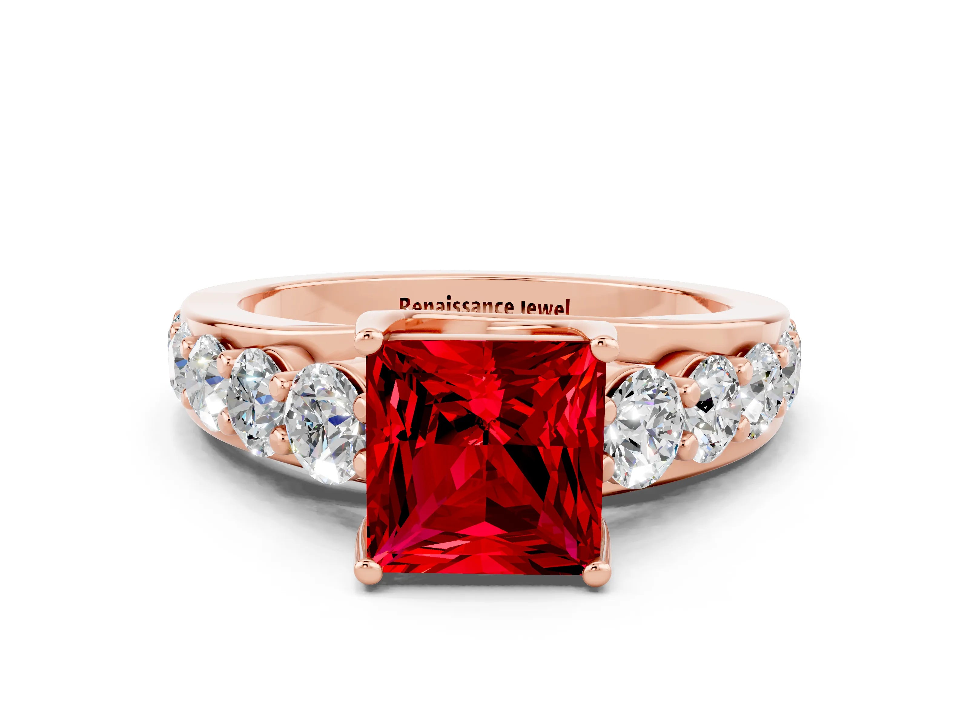 Rose gold Princess Cut Ruby Engagement Ring with Pavé Band and Four-Prong Setting