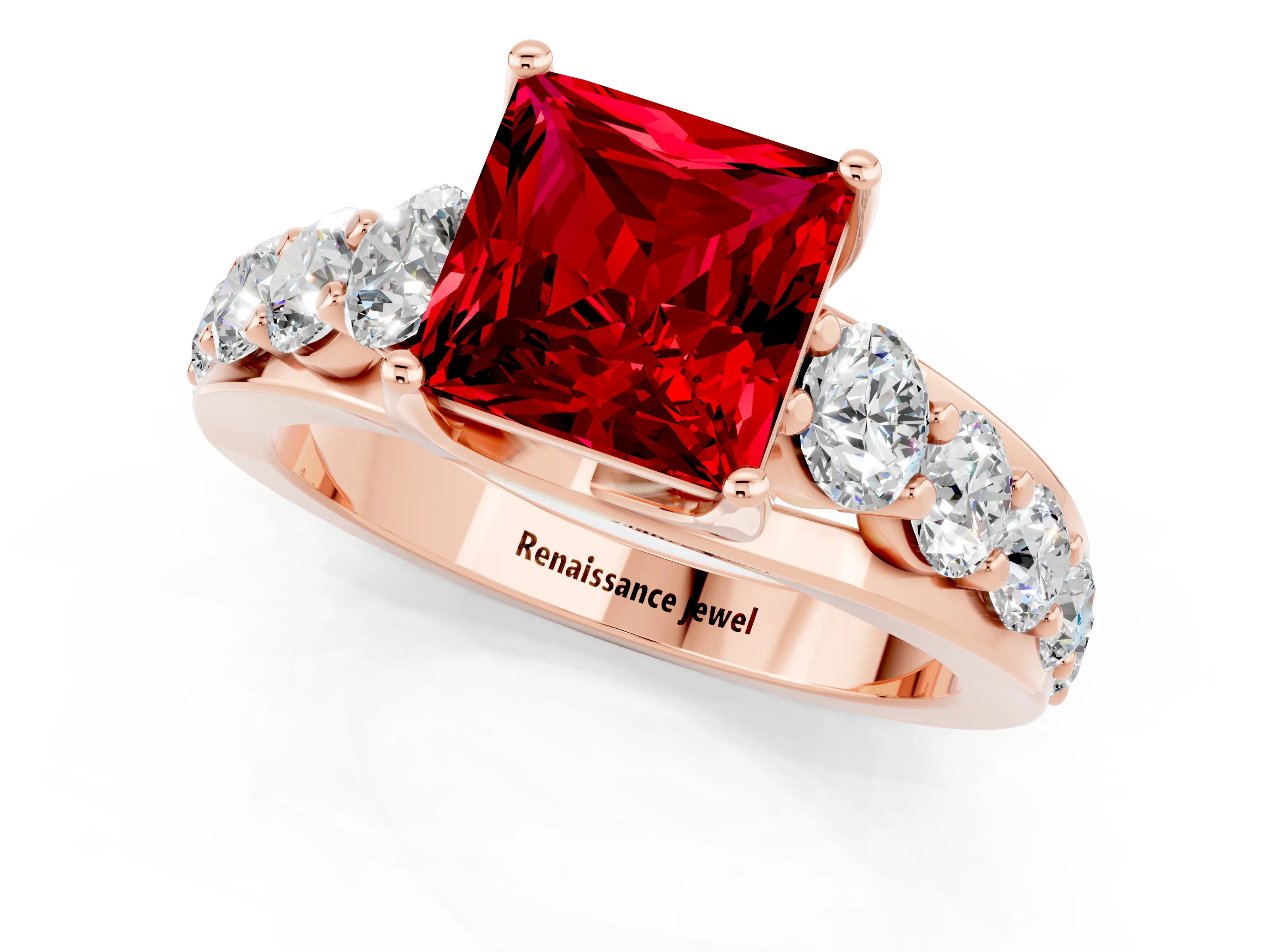 Rose gold Princess Cut Ruby Engagement Ring with Pavé Band and Four-Prong Setting_1