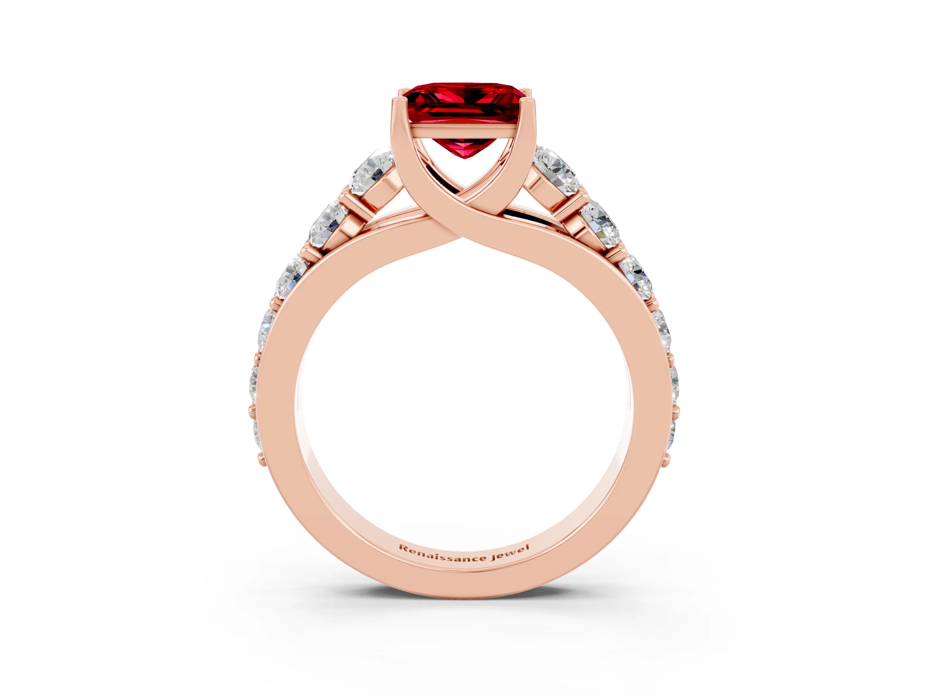 Rose gold Princess Cut Ruby Engagement Ring with Pavé Band and Four-Prong Setting_3
