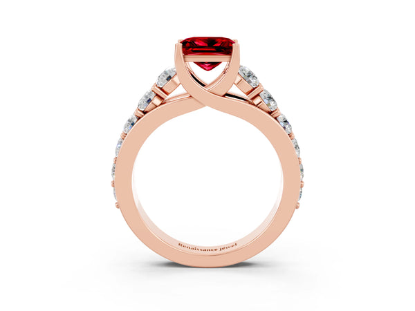 Rose gold Princess Cut Ruby Engagement Ring with Pavé Band and Four-Prong Setting