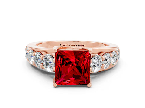 Rose gold Princess Cut Ruby Engagement Ring with Pavé Band and Four-Prong Setting