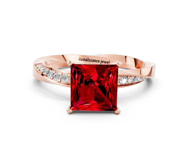 Rose gold Princess Cut Ruby Engagement Ring with Side Stone Accents and Four-Prong Setting