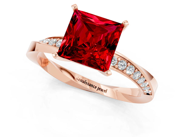 Rose gold Princess Cut Ruby Engagement Ring with Side Stone Accents and Four-Prong Setting