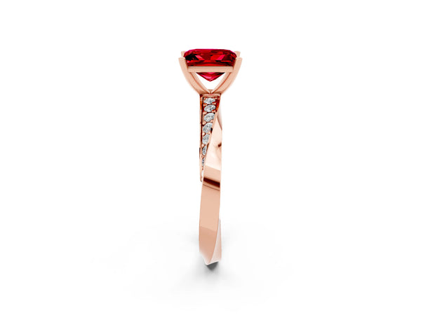 Rose gold Princess Cut Ruby Engagement Ring with Side Stone Accents and Four-Prong Setting