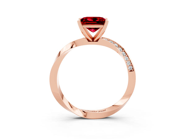Rose gold Princess Cut Ruby Engagement Ring with Side Stone Accents and Four-Prong Setting