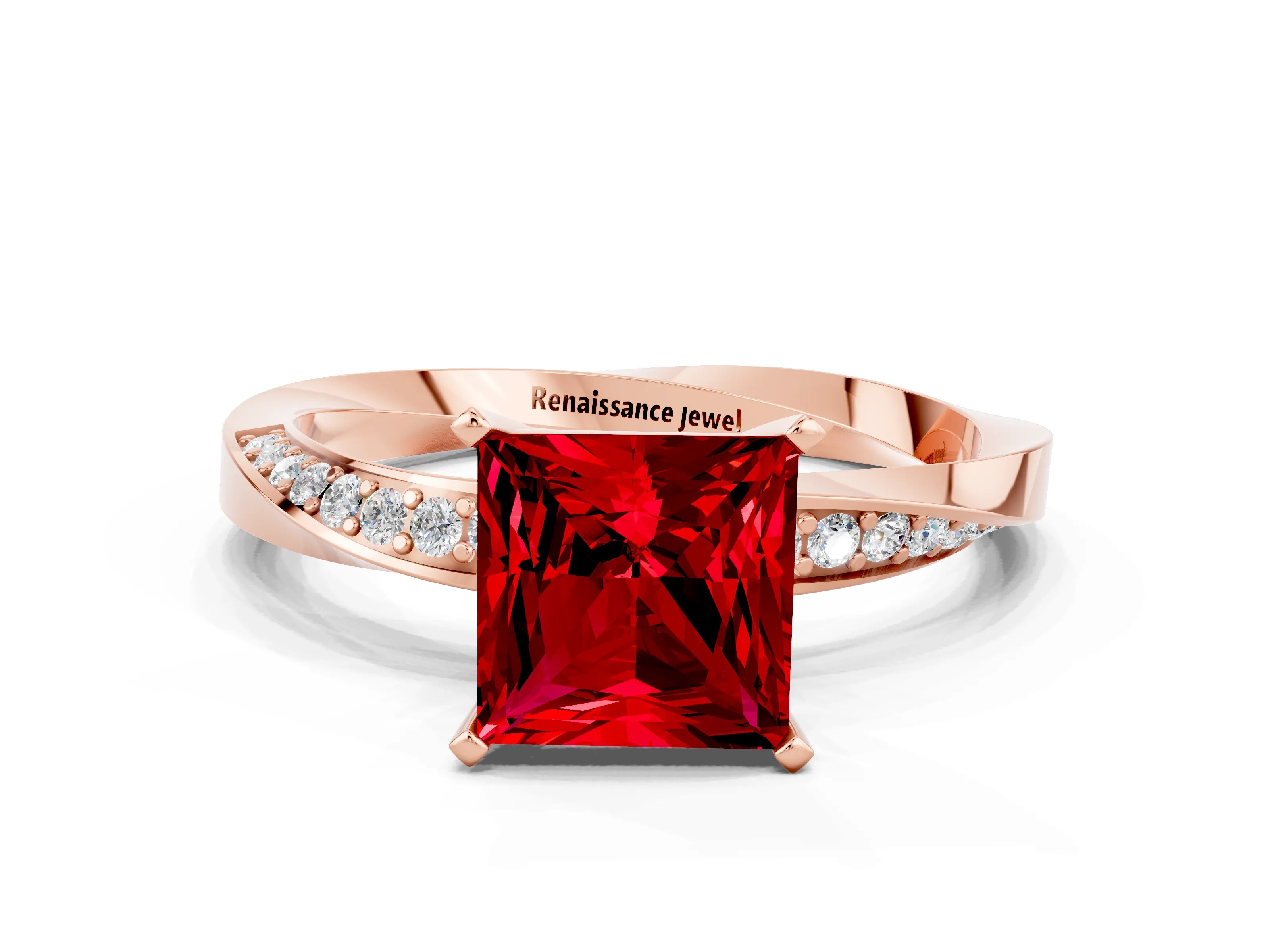 Rose gold Princess Cut Ruby Engagement Ring with Side Stone Accents and Four-Prong Setting_39
