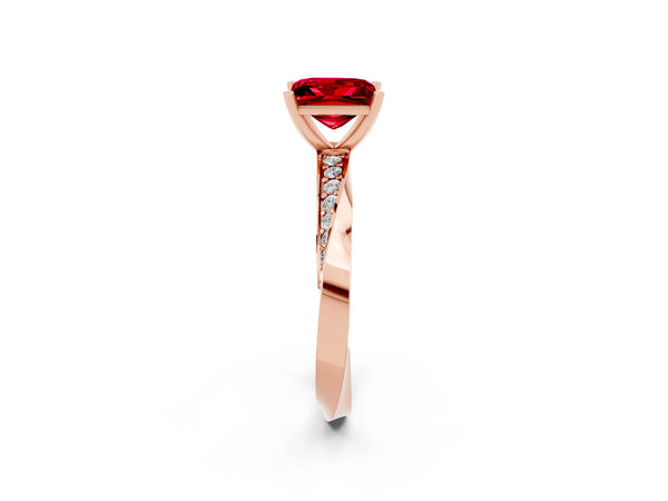 Rose gold Princess Cut Ruby Engagement Ring with Side Stone Accents and Four-Prong Setting
