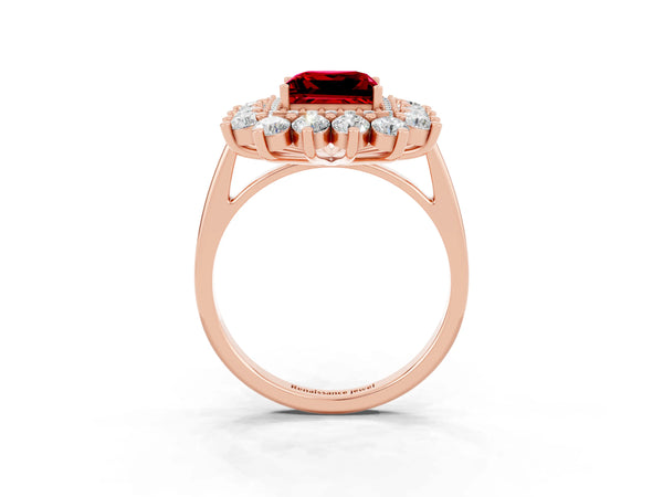 Rose Gold Princess Cut Lab-Grown Ruby Floral Double Halo Engagement Ring with Plain Band