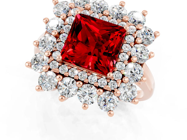 Rose Gold Princess Cut Lab-Grown Ruby Floral Double Halo Engagement Ring with Plain Band