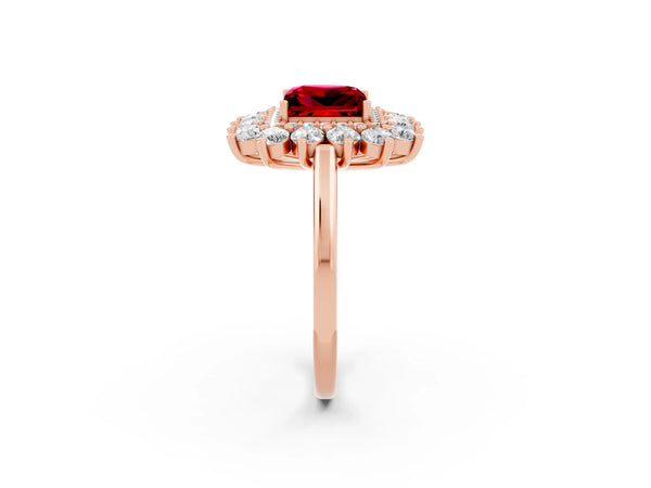 Rose Gold Princess Cut Lab-Grown Ruby Floral Double Halo Engagement Ring with Plain Band