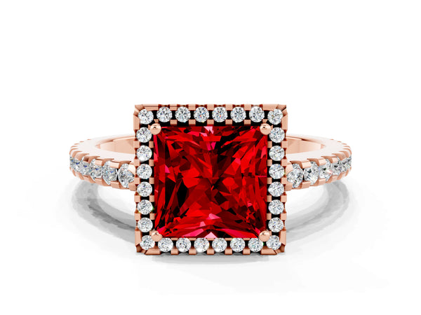 Rose gold Princess Cut Ruby Halo Engagement Ring with Pavé Band and Prong Setting