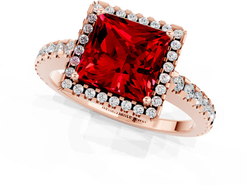 Rose gold Princess Cut Ruby Halo Engagement Ring with Pavé Band and Prong Setting_13
