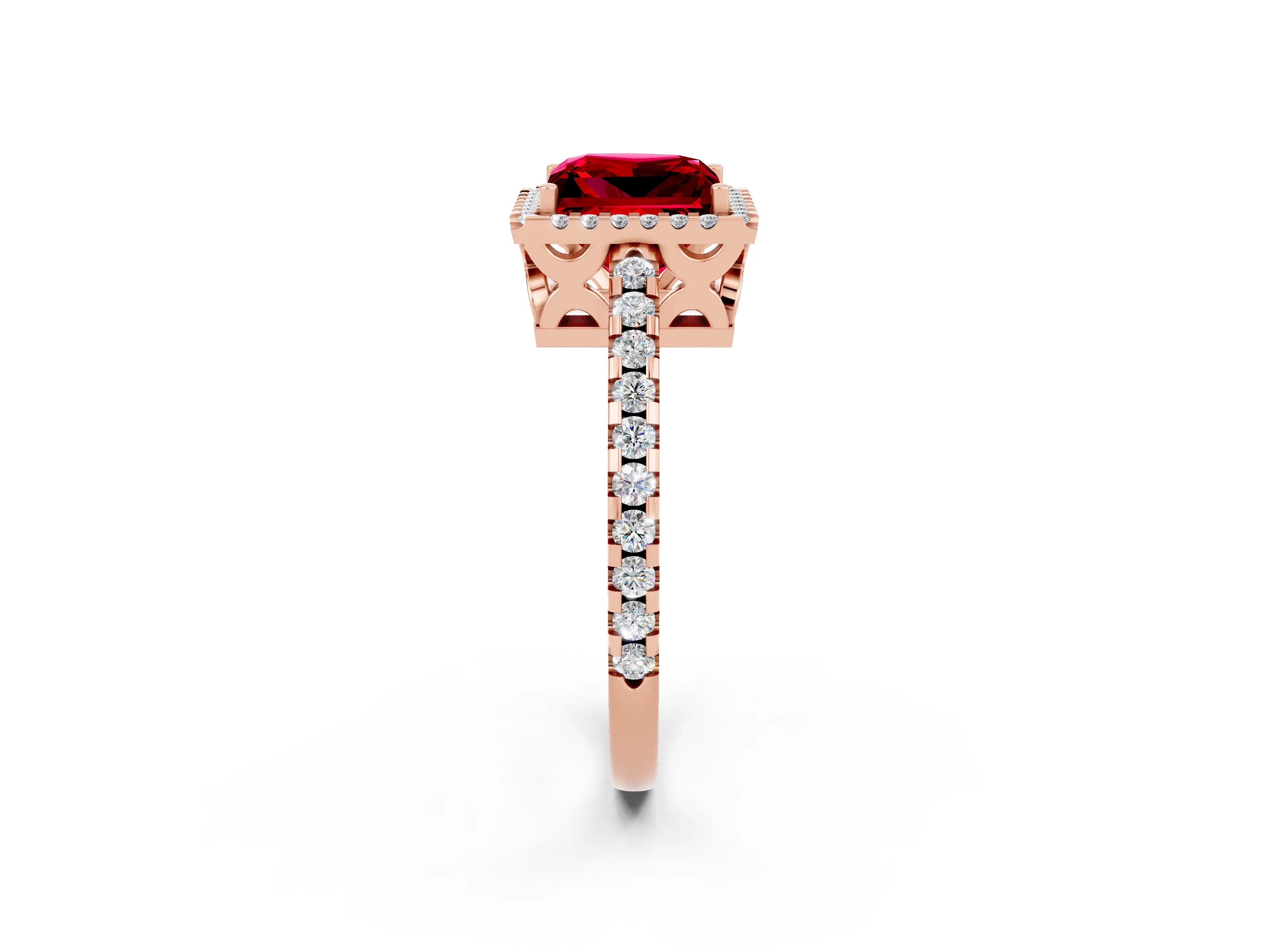 Rose gold Princess Cut Ruby Halo Engagement Ring with Pavé Band and Prong Setting_14