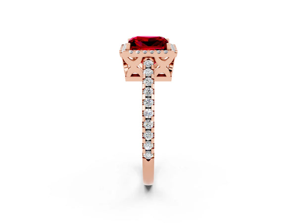 Rose gold Princess Cut Ruby Halo Engagement Ring with Pavé Band and Prong Setting