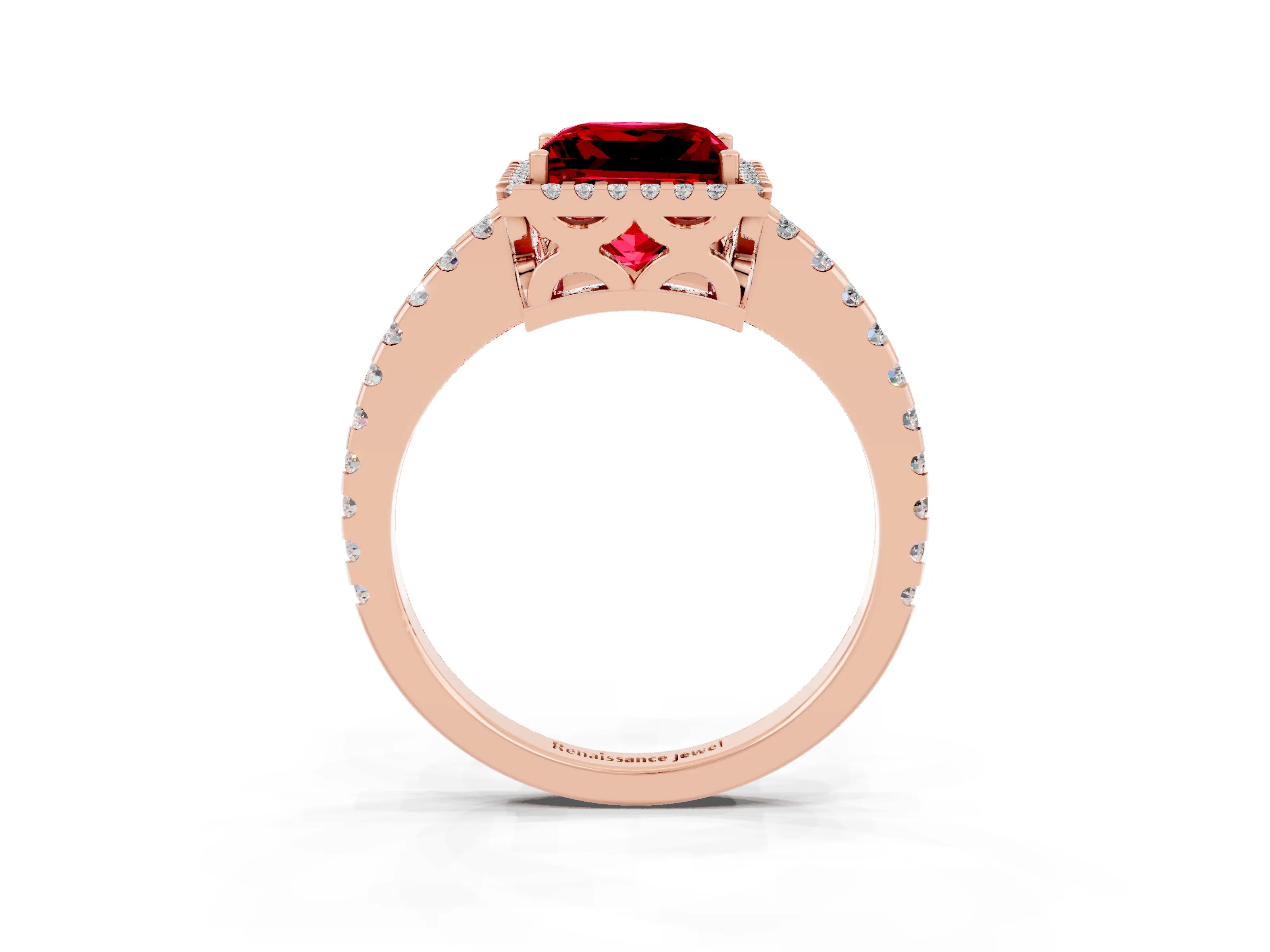 Rose gold Princess Cut Ruby Halo Engagement Ring with Pavé Band and Prong Setting_15