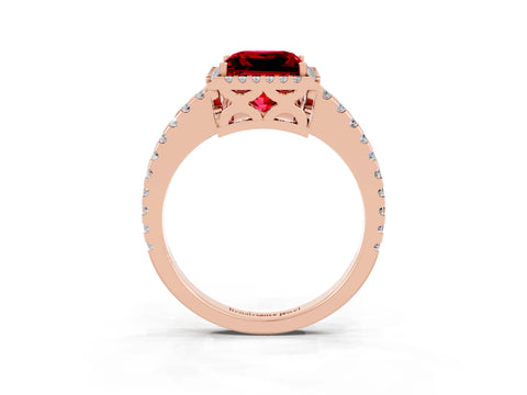 Rose gold Princess Cut Ruby Halo Engagement Ring with Pavé Band and Prong Setting_15