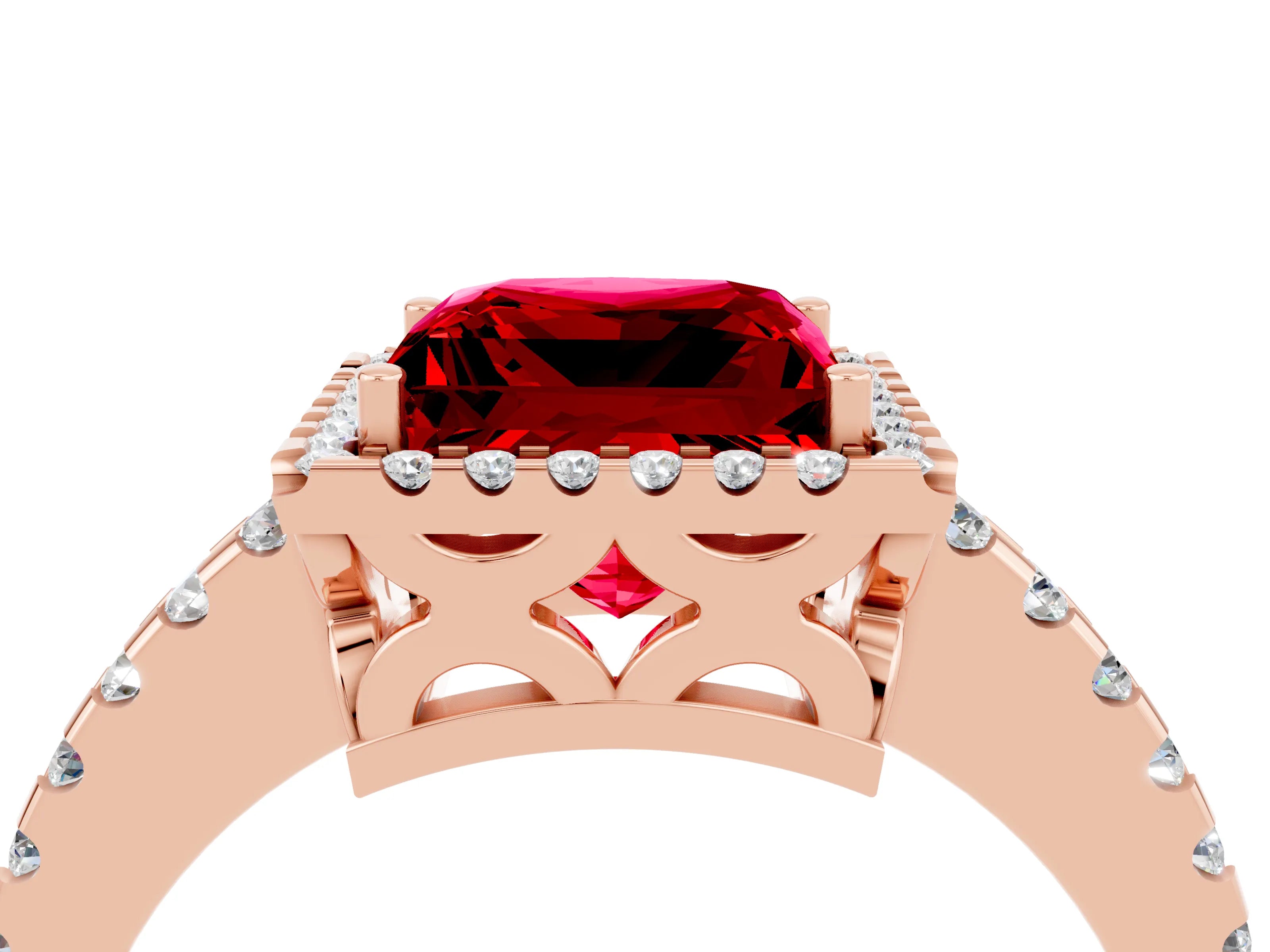 Rose gold Princess Cut Ruby Halo Engagement Ring with Pavé Band and Prong Setting_16
