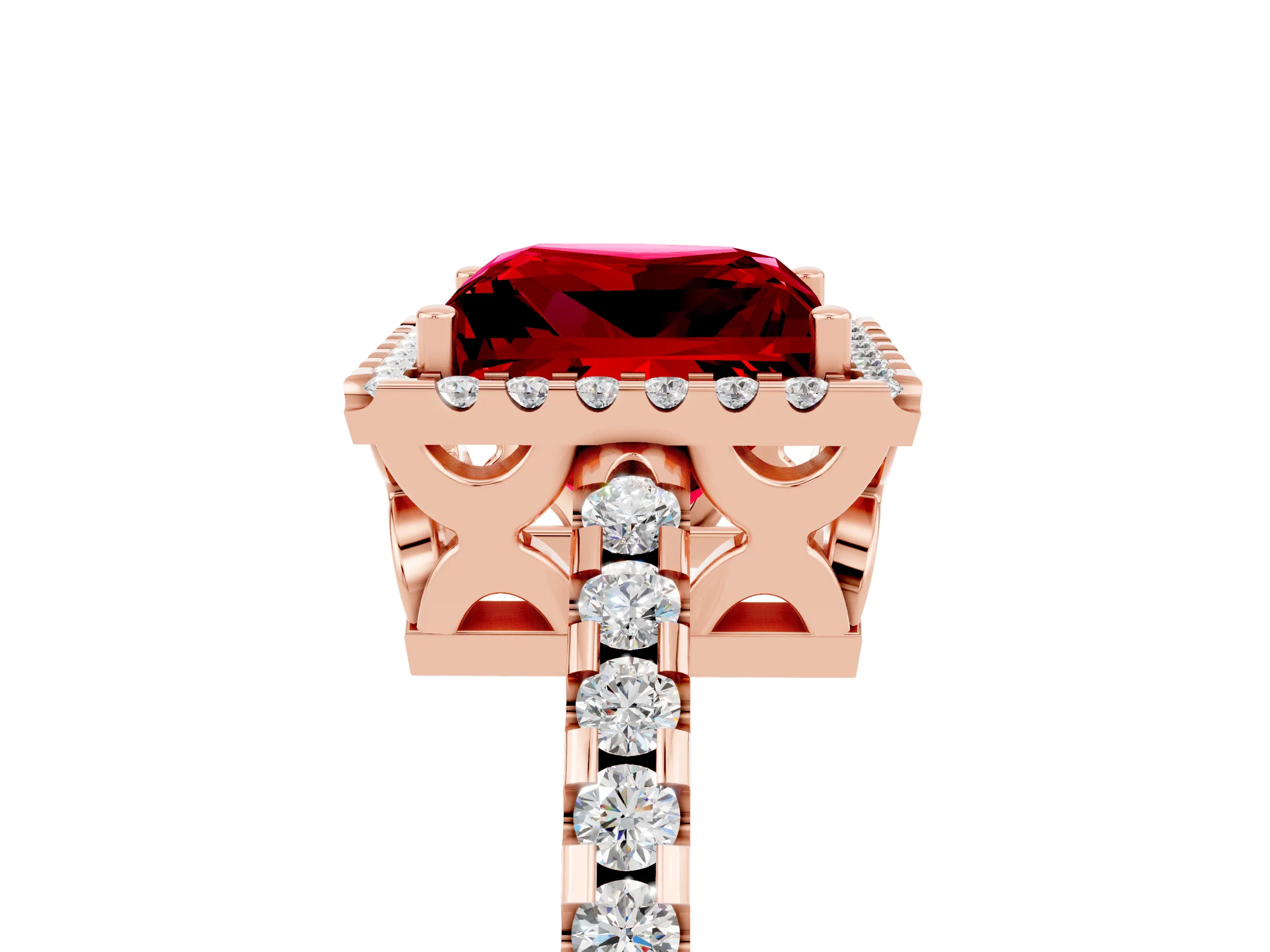 Rose gold Princess Cut Ruby Halo Engagement Ring with Pavé Band and Prong Setting_17