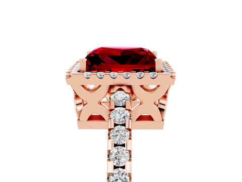 Rose gold Princess Cut Ruby Halo Engagement Ring with Pavé Band and Prong Setting_17