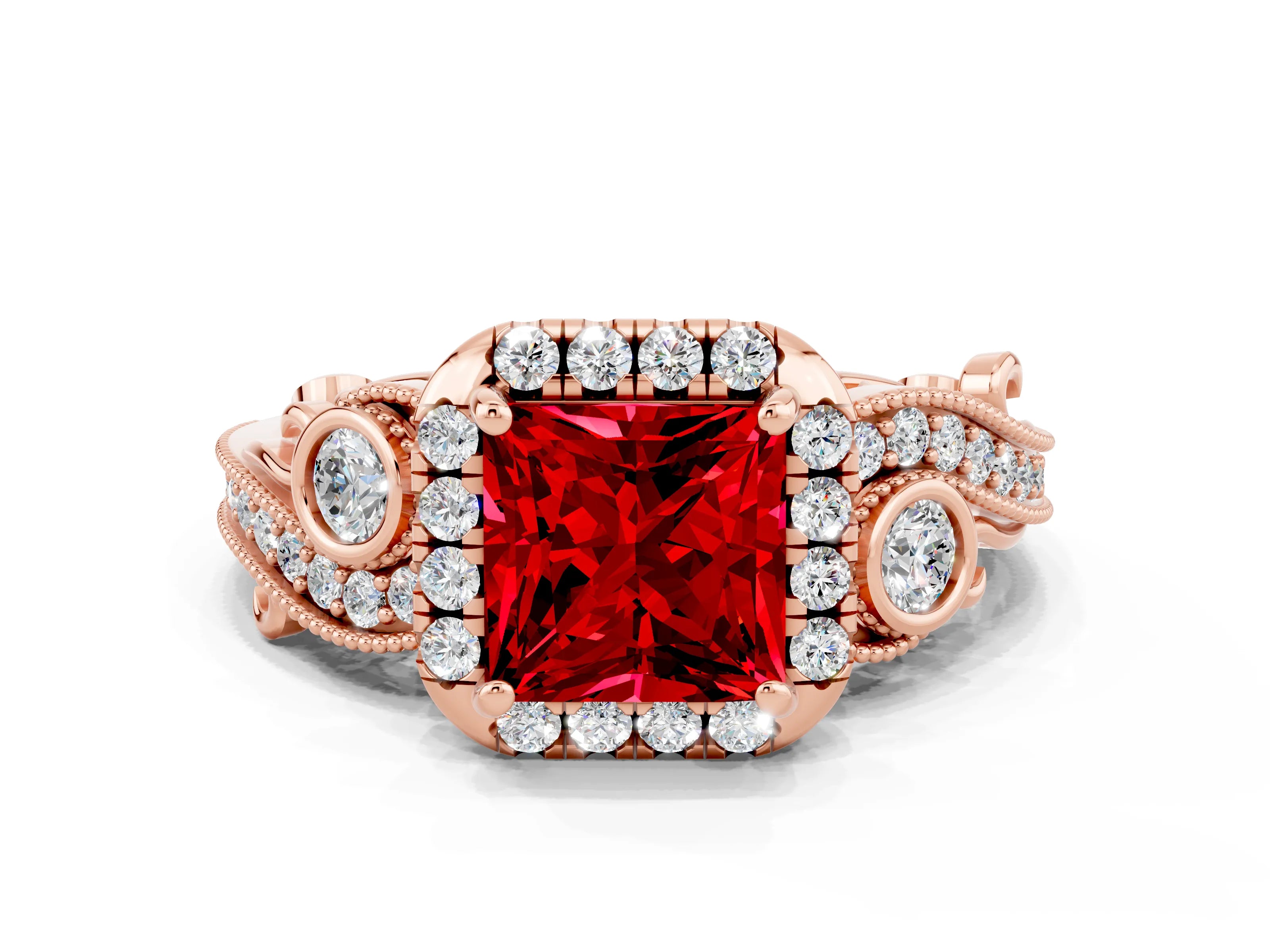 Rose gold Princess Cut Ruby Halo Ring with Milgrain Pavé Band and Four-Prong Setting_36