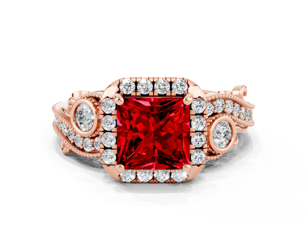 Rose gold Princess Cut Ruby Halo Ring with Milgrain Pavé Band and Four-Prong Setting