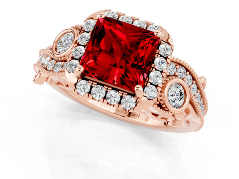 Rose gold Princess Cut Ruby Halo Ring with Milgrain Pavé Band and Four-Prong Setting_37