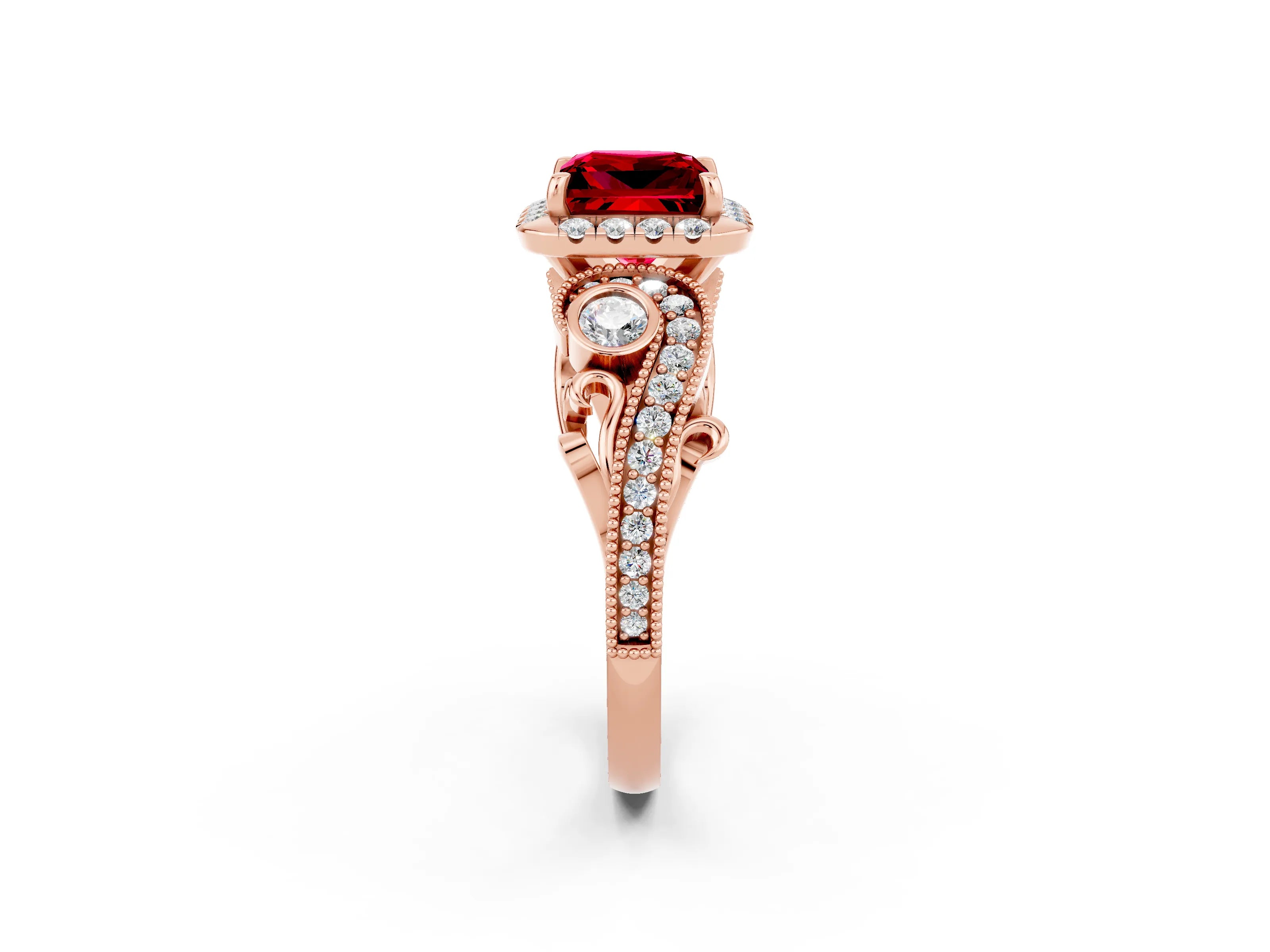 Rose gold Princess Cut Ruby Halo Ring with Milgrain Pavé Band and Four-Prong Setting_38