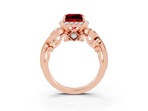 Rose gold Princess Cut Ruby Halo Ring with Milgrain Pavé Band and Four-Prong Setting_39