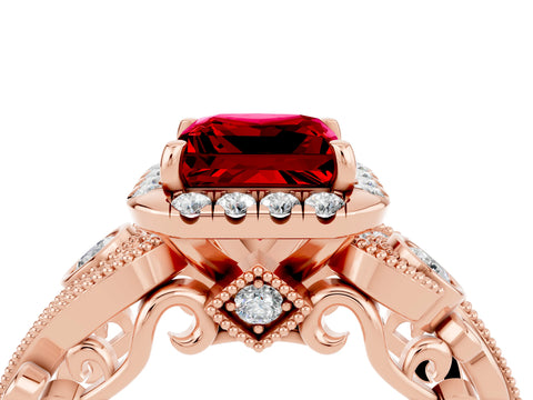 Rose gold Princess Cut Ruby Halo Ring with Milgrain Pavé Band and Four-Prong Setting_40