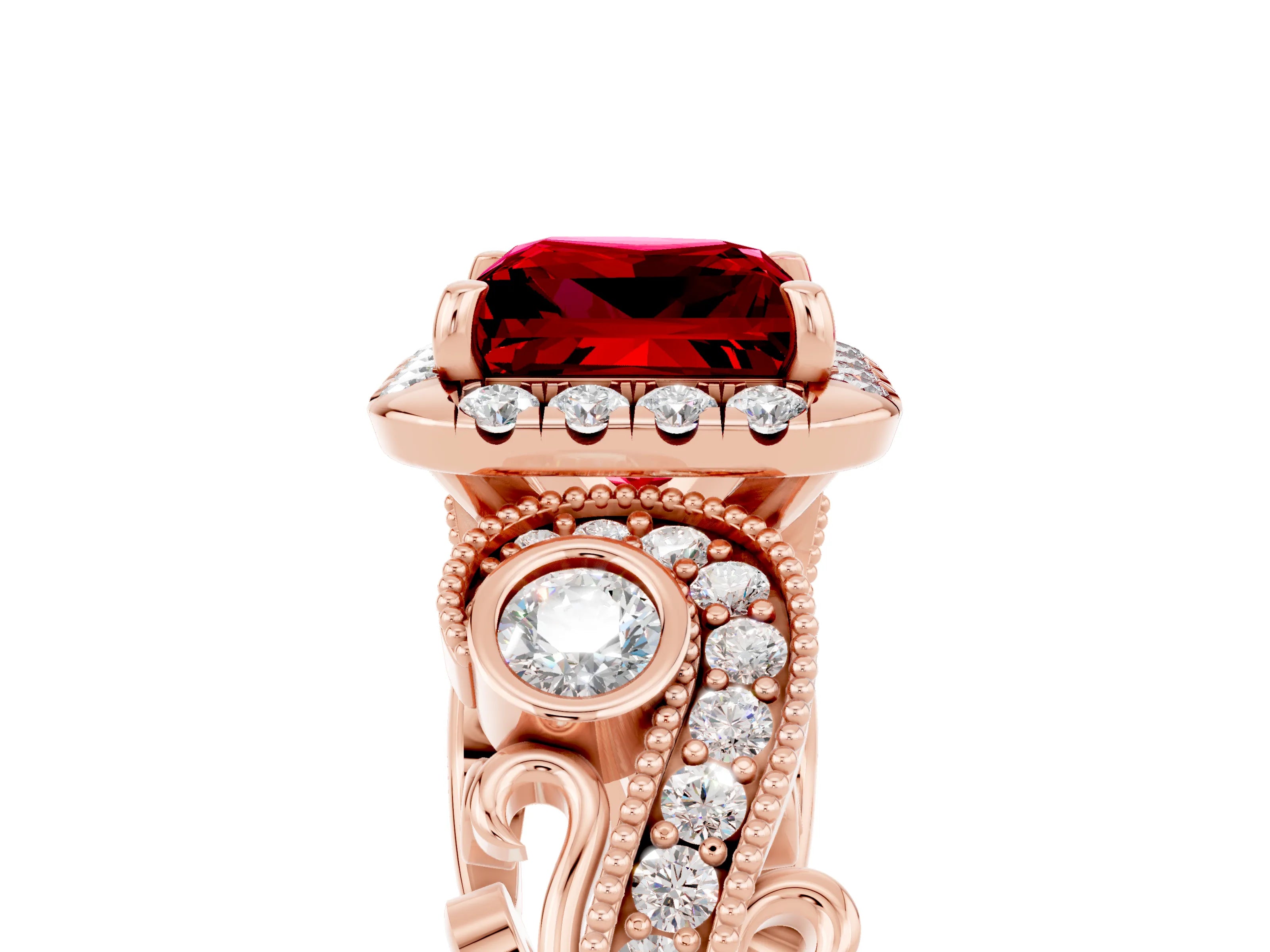 Rose gold Princess Cut Ruby Halo Ring with Milgrain Pavé Band and Four-Prong Setting_41