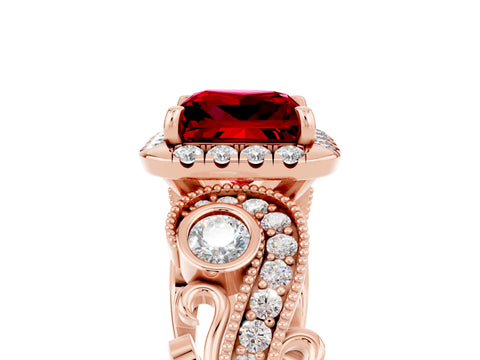 Rose gold Princess Cut Ruby Halo Ring with Milgrain Pavé Band and Four-Prong Setting_41