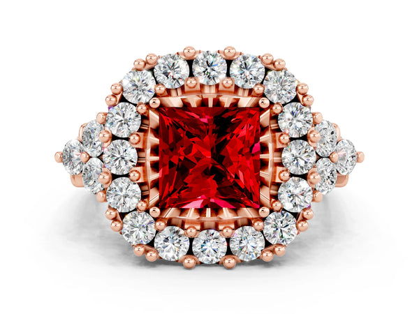 Rose gold Princess Cut Ruby Halo Ring with Pavé Band and Four-Prong Setting