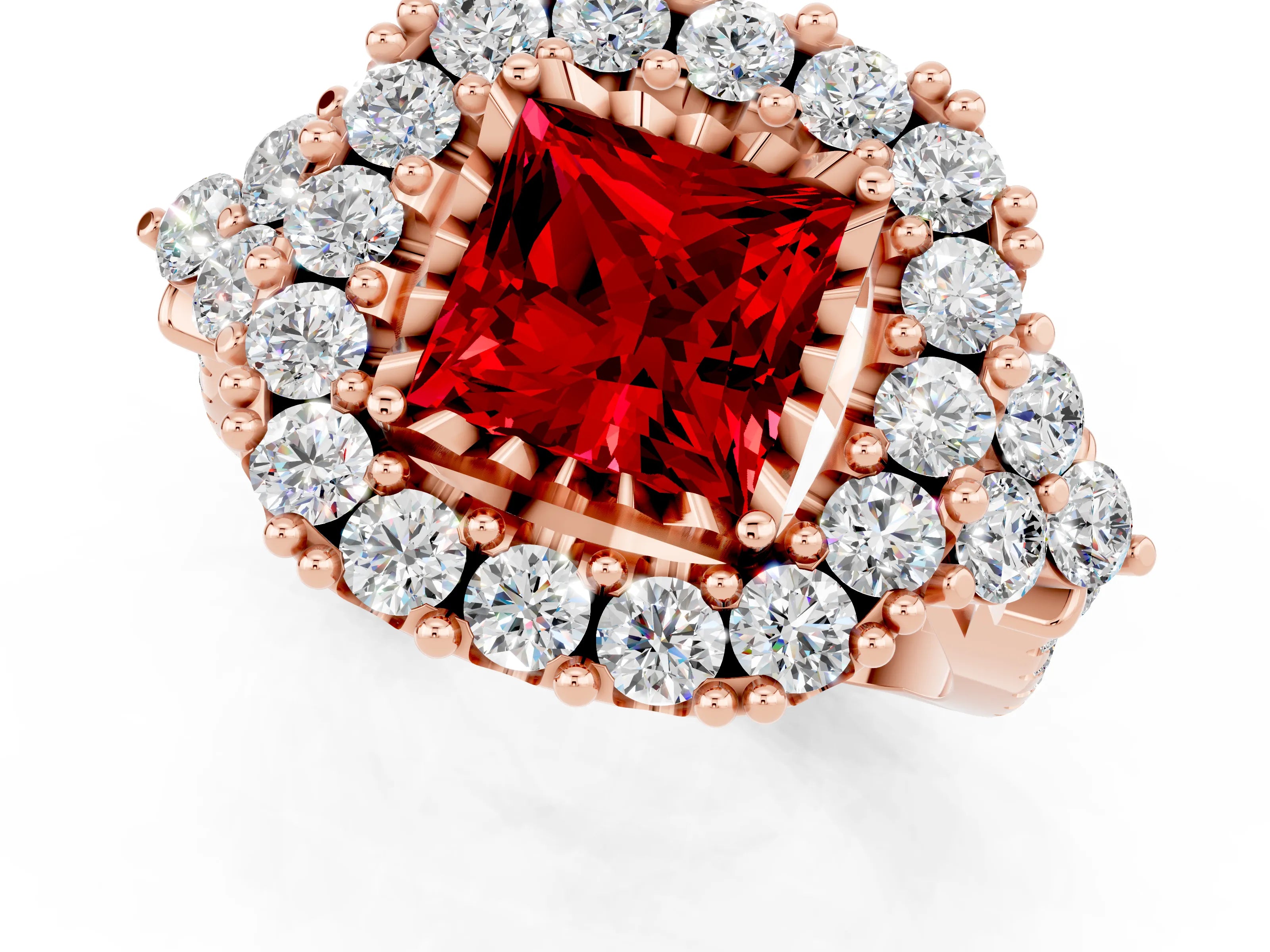 Rose gold Princess Cut Ruby Halo Ring with Pavé Band and Four-Prong Setting_13