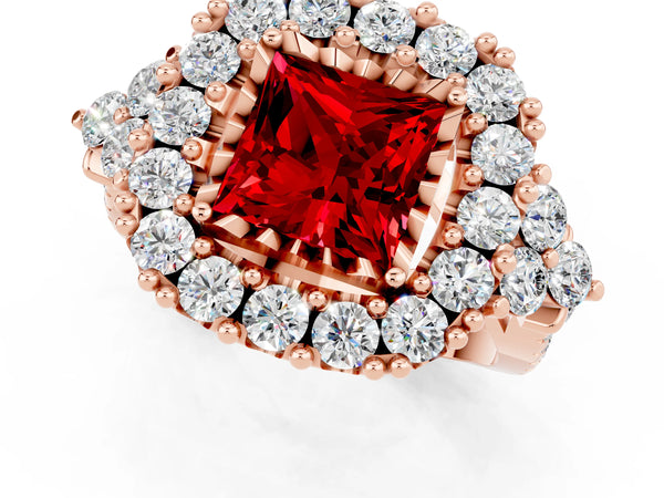 Rose gold Princess Cut Ruby Halo Ring with Pavé Band and Four-Prong Setting