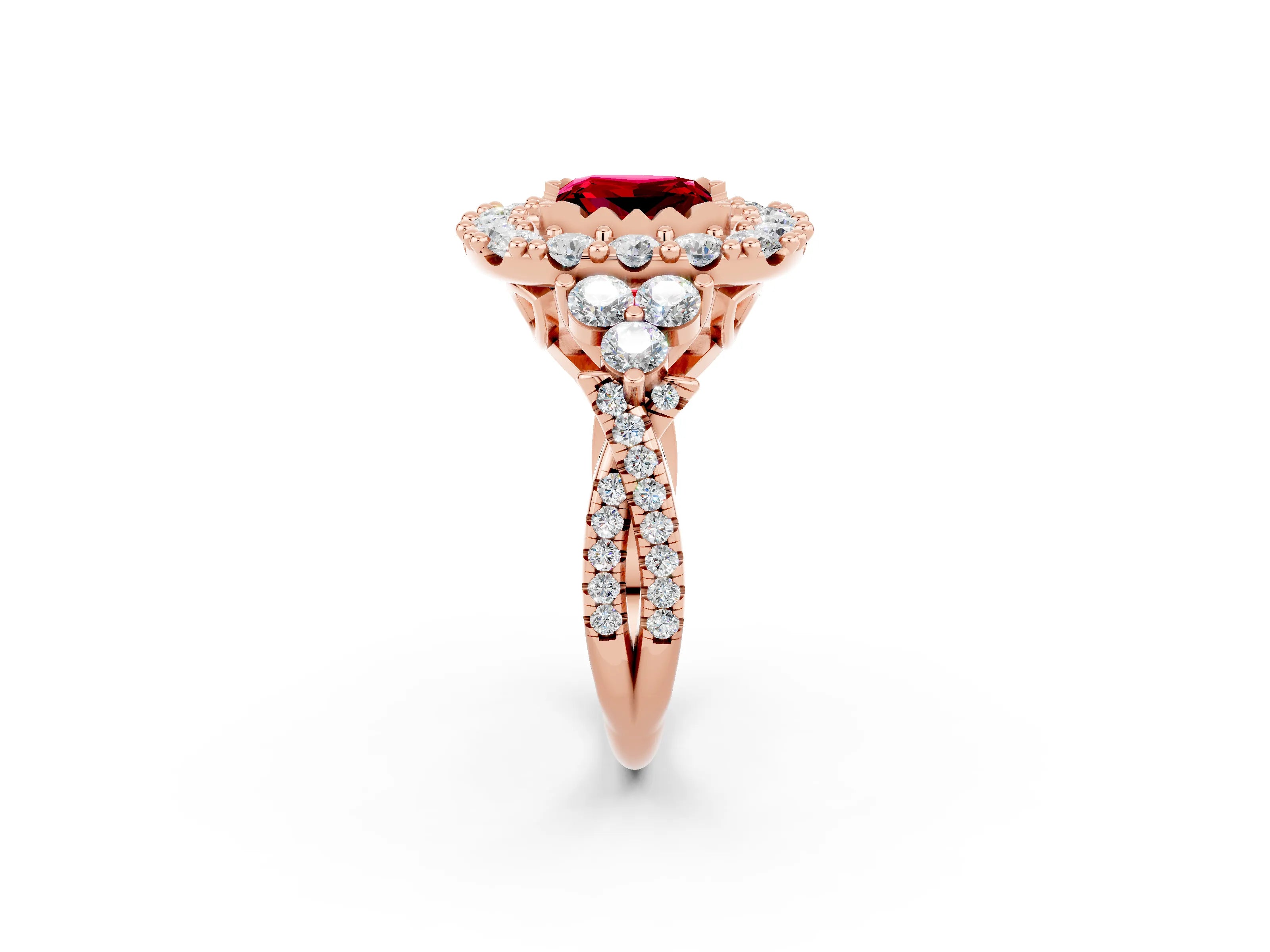 Rose gold Princess Cut Ruby Halo Ring with Pavé Band and Four-Prong Setting_14