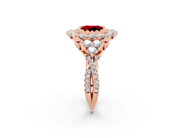 Rose gold Princess Cut Ruby Halo Ring with Pavé Band and Four-Prong Setting