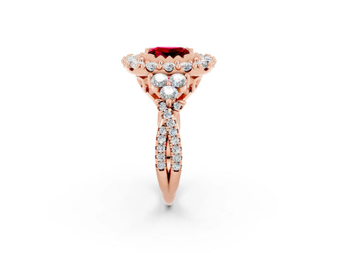 Rose gold Princess Cut Ruby Halo Ring with Pavé Band and Four-Prong Setting_14