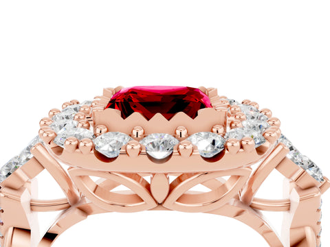 Rose gold Princess Cut Ruby Halo Ring with Pavé Band and Four-Prong Setting_16