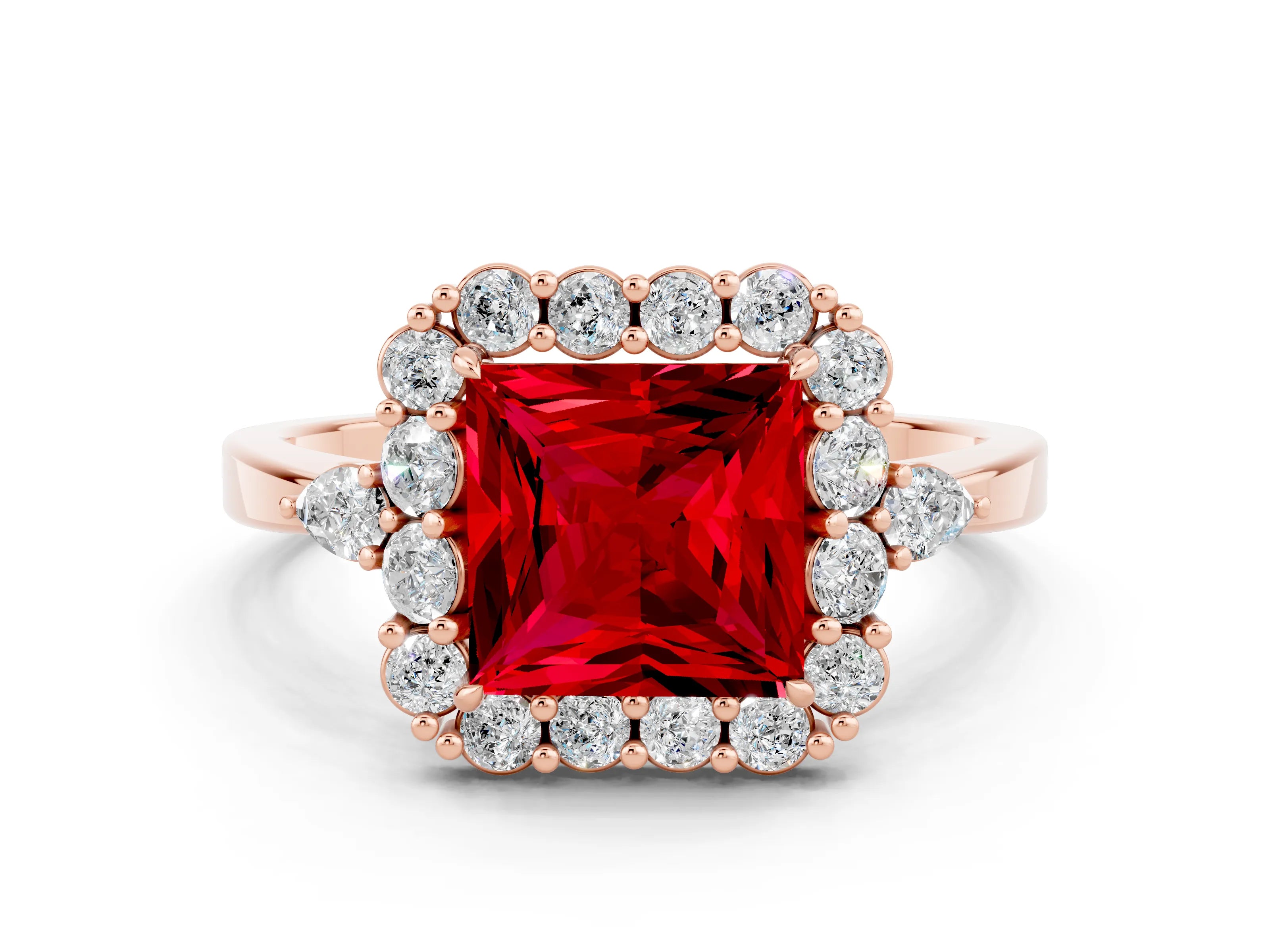 Rose gold Princess Cut Ruby Halo Ring with Pear Side Stones and Prong Setting_12