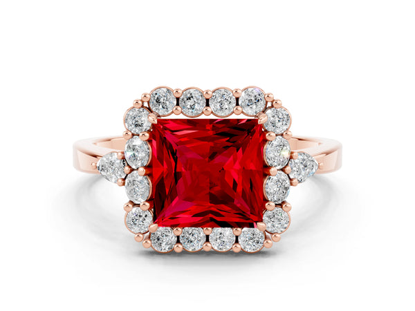Rose gold Princess Cut Ruby Halo Ring with Pear Side Stones and Prong Setting