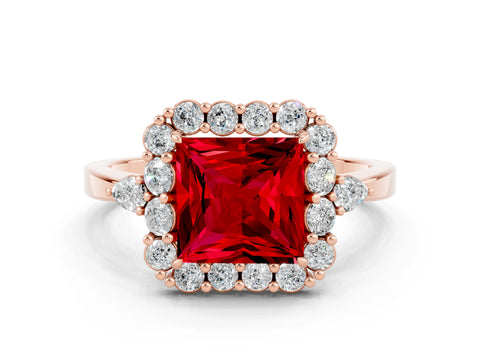 Rose gold Princess Cut Ruby Halo Ring with Pear Side Stones and Prong Setting_12