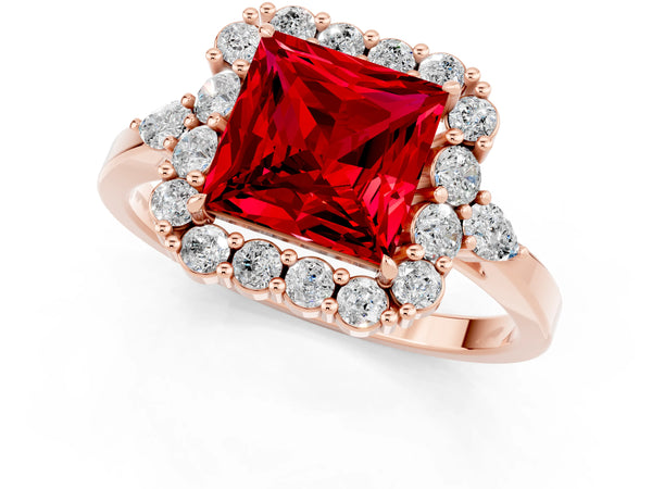 Rose gold Princess Cut Ruby Halo Ring with Pear Side Stones and Prong Setting
