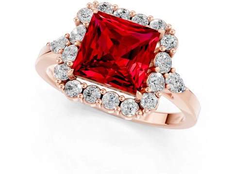 Rose gold Princess Cut Ruby Halo Ring with Pear Side Stones and Prong Setting_13