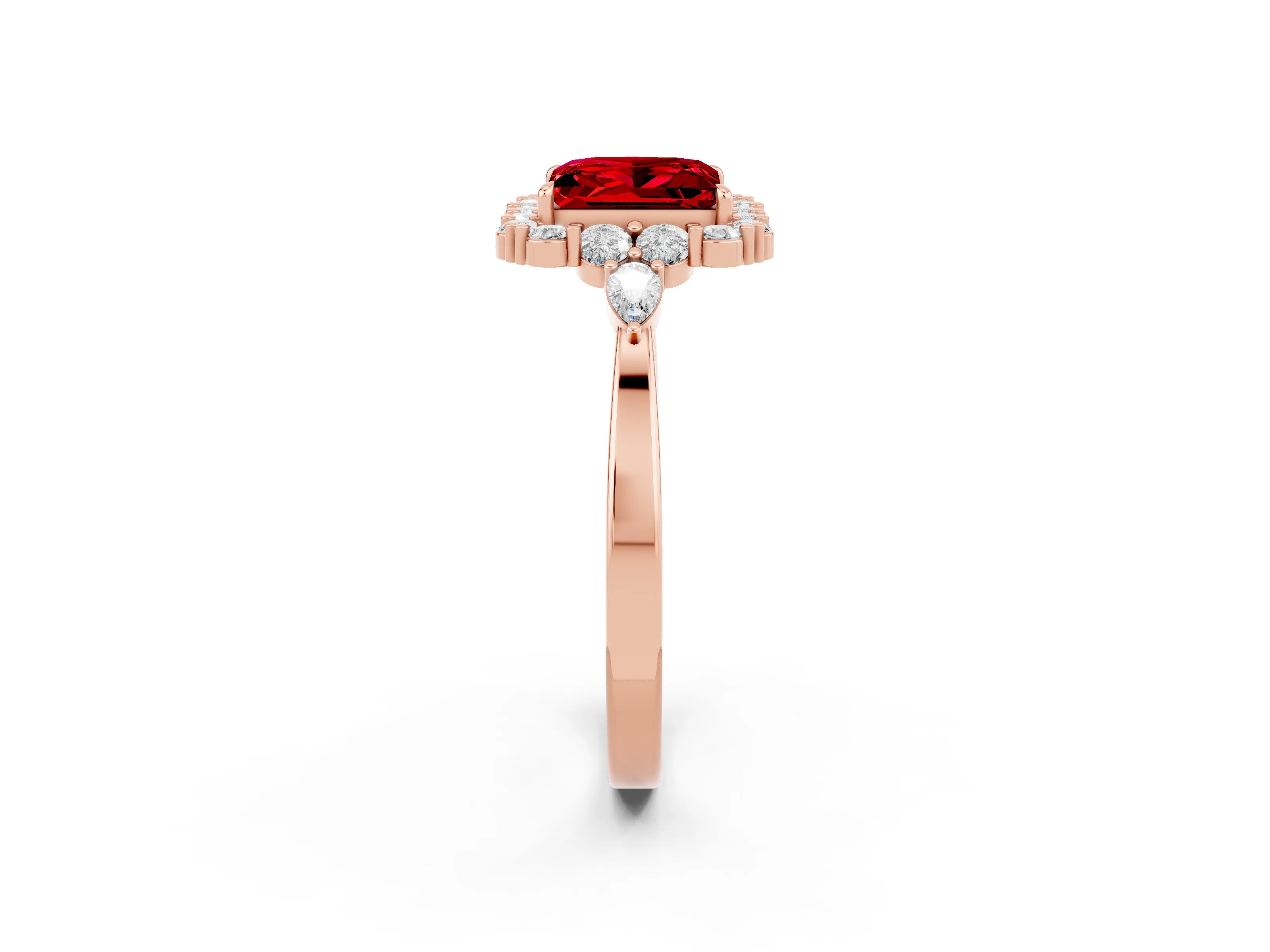 Rose gold Princess Cut Ruby Halo Ring with Pear Side Stones and Prong Setting_14