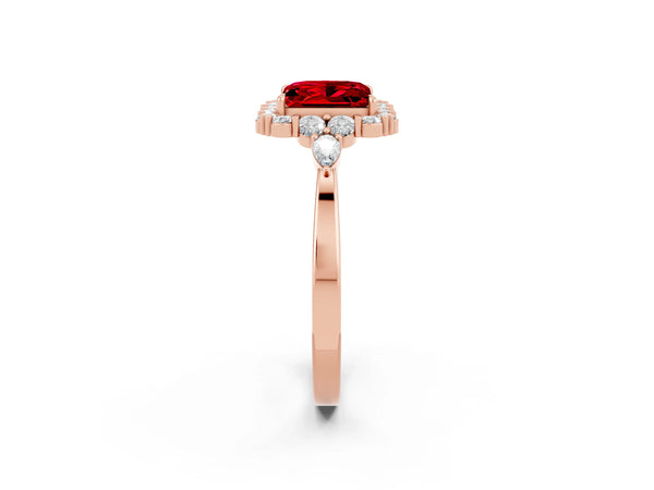 Rose gold Princess Cut Ruby Halo Ring with Pear Side Stones and Prong Setting