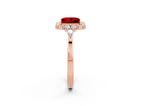 Rose gold Princess Cut Ruby Halo Ring with Pear Side Stones and Prong Setting_14