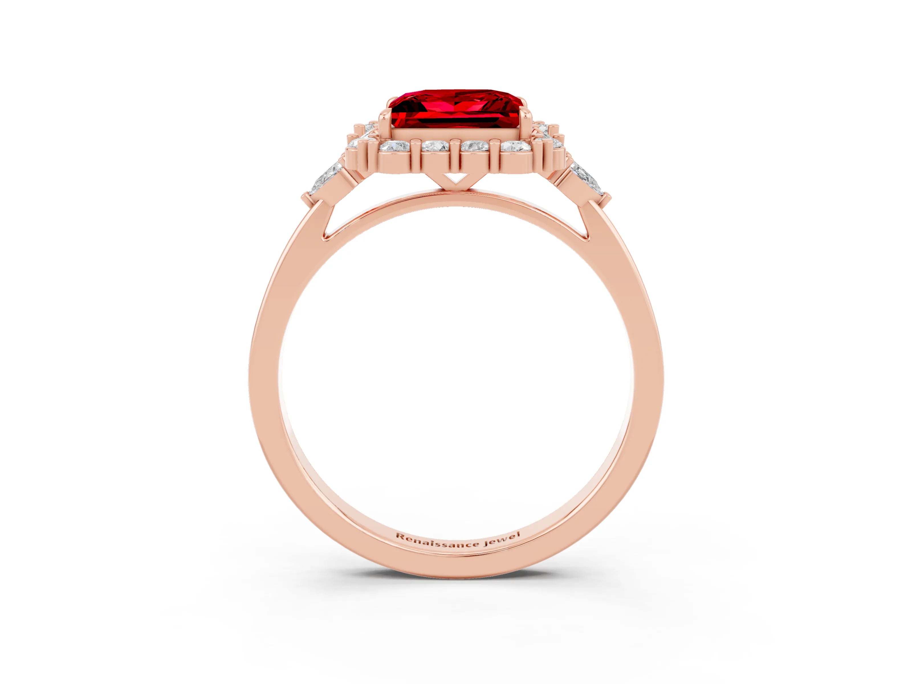 Rose gold Princess Cut Ruby Halo Ring with Pear Side Stones and Prong Setting_15
