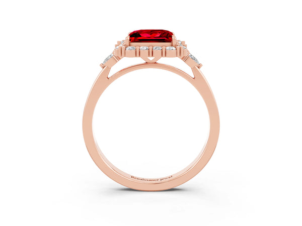 Rose gold Princess Cut Ruby Halo Ring with Pear Side Stones and Prong Setting